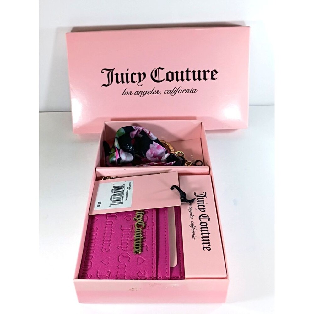 NWT Juicy Couture Hot Pink Card Wallet Key Chain & Scarf Gift Set Open Box - Picture 8 of 16